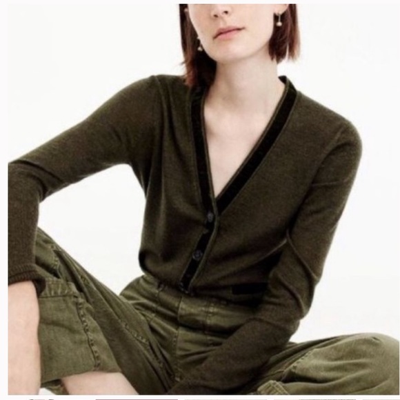 J.Crew Harlow Velvet Trimmed Cardigan in Olive Green - Picture 1 of 7